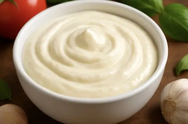 Gładki, kremowy sos aioli w białej miseczce, obok czosnek, pomidor i bazylia.