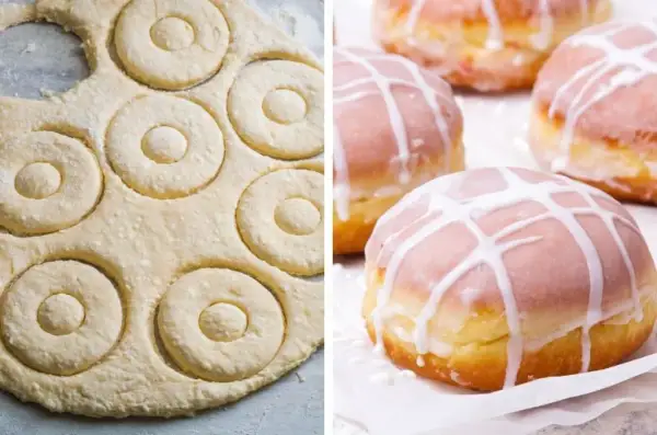 Wycinanie kółek z ciasta na pączki z piekarnika. Obok gotowe, lukrowane pączki.